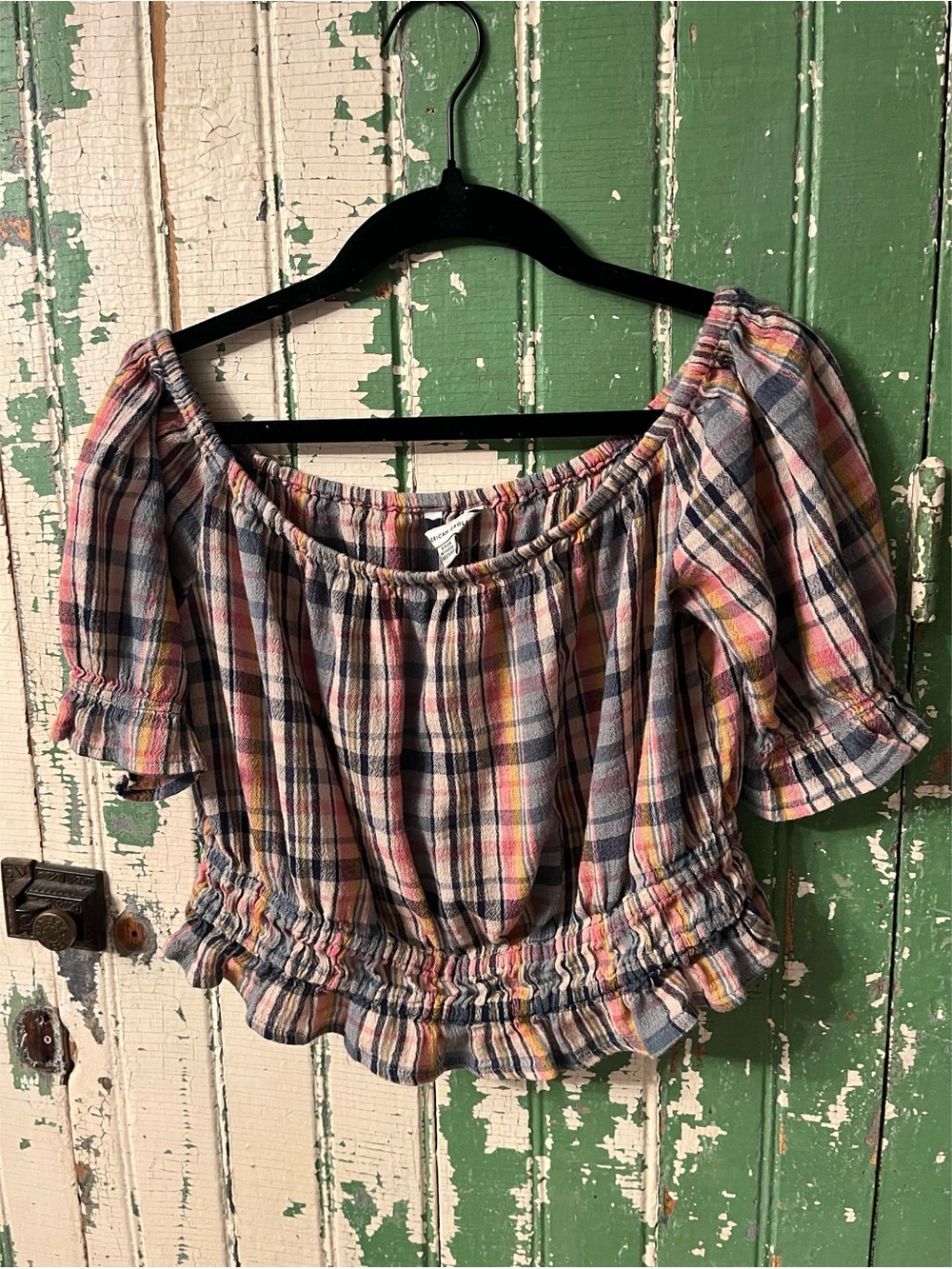 Crop Top American Eagle Plaid Smocked Hem Pink Multi Size Small